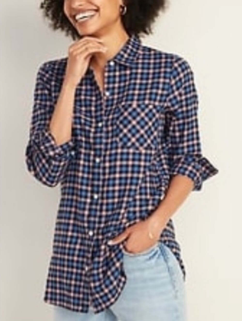 OLD NAVY Plaid Long Line Flannel Button Down Shirt Sz L